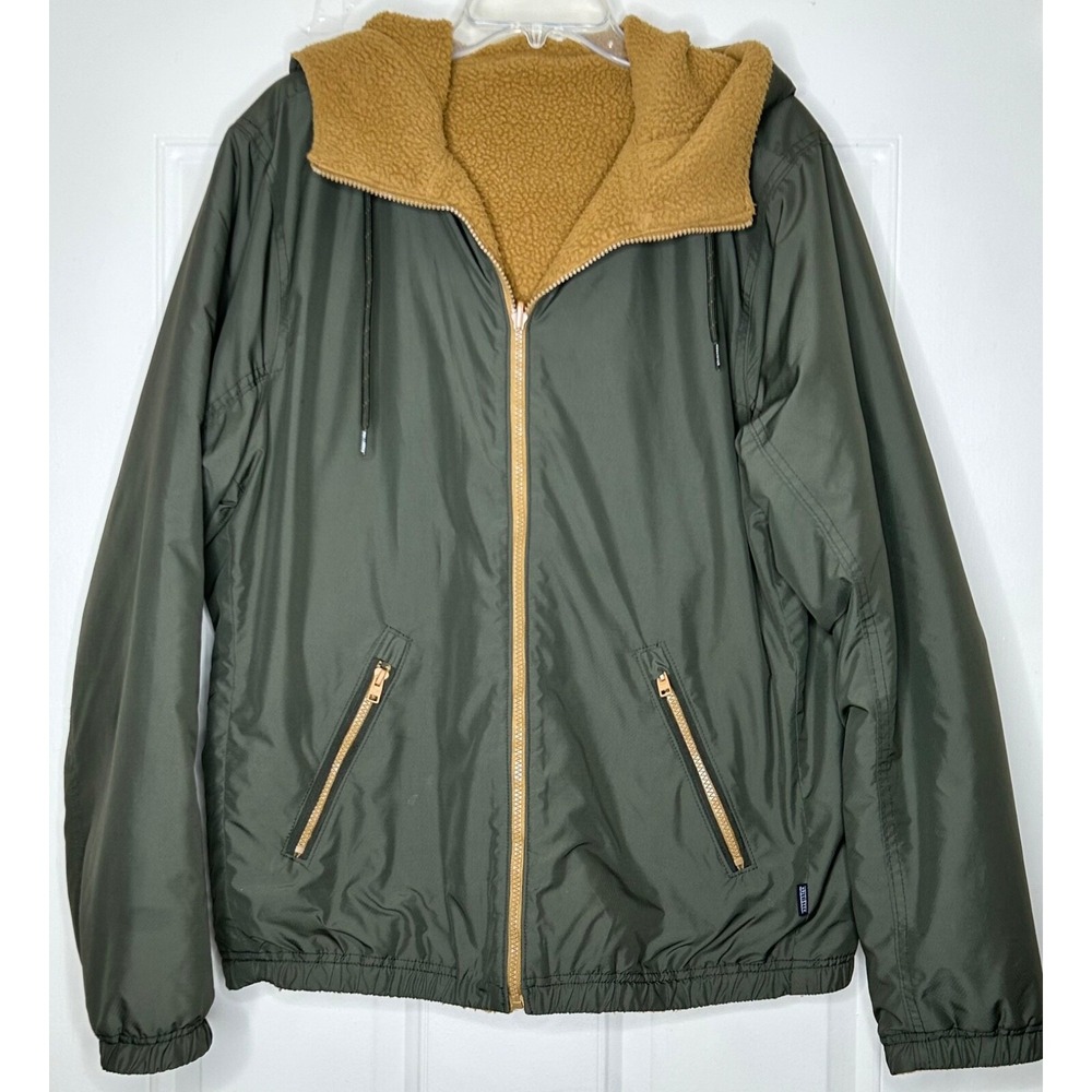 Hollister By Abercrombie Men's Reversible Jacket Coat Green XL Hood Sherpa Nylon